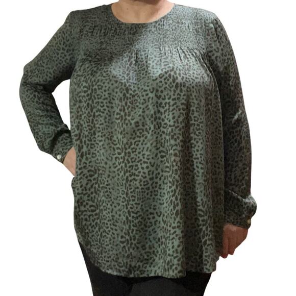 J.Jill Womens Animal Print Teal Smocked Long Sleeve Blouse Size Large - Picture 1 of 11